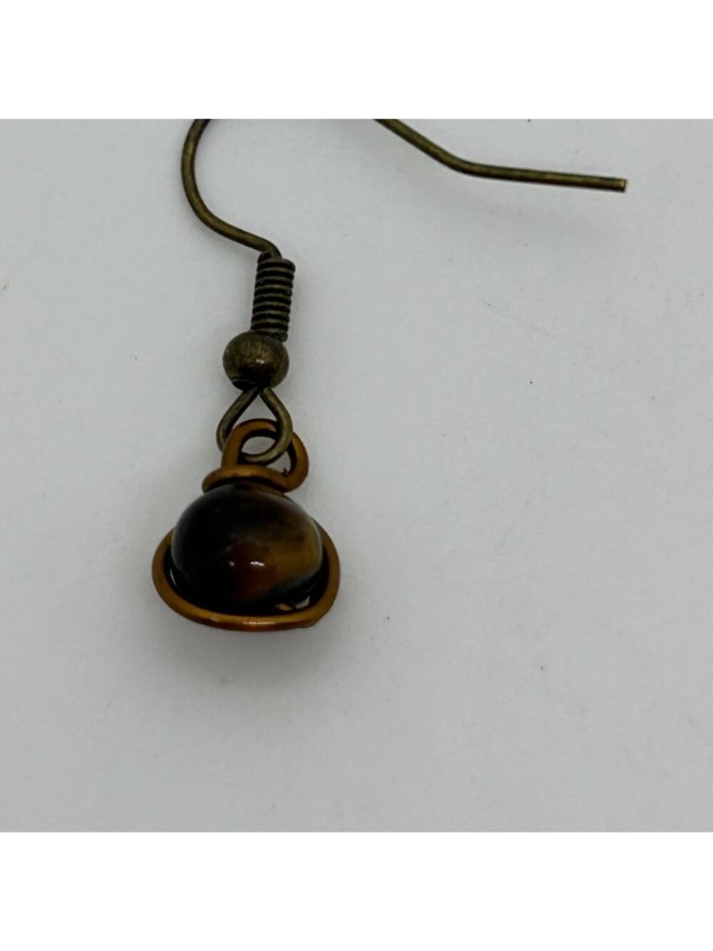Handmade Tiger Eye Earrings, Bronze Tone Wire-Wrapped Gemstone Bead Dangle Drop - Picture 3 of 10